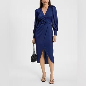 NWT Express Satin Long Sleeve Surplice Midi Dress